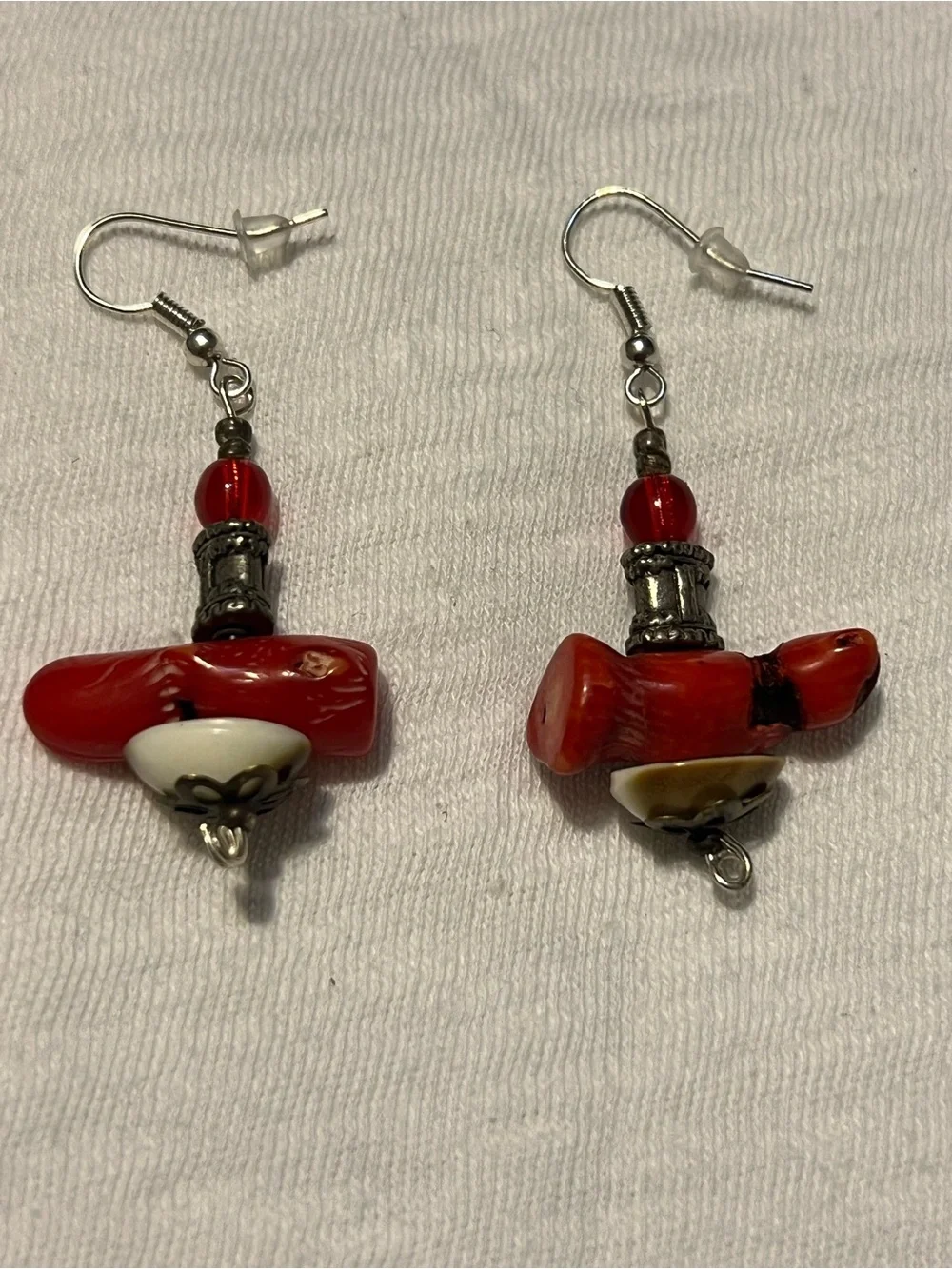 Handcrafted Red Bead Dangle Earrings with White Accent -